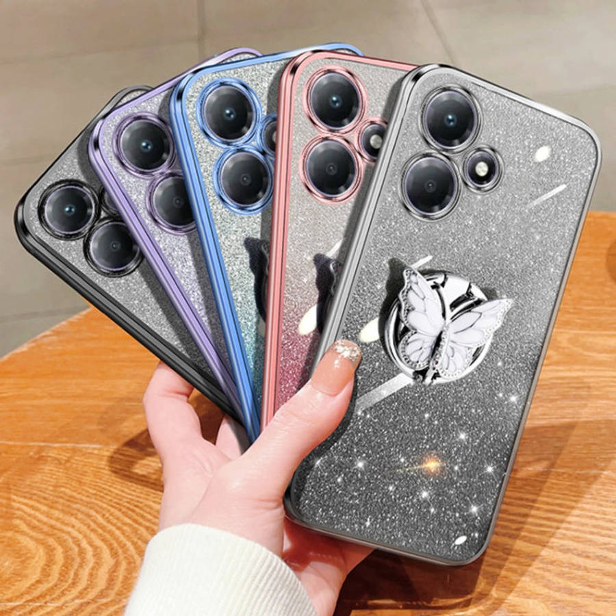 For Infinix Hot 30 Play Plated Gradient Glitter Butterfly Holder TPU Phone Case(Sierra Blue)