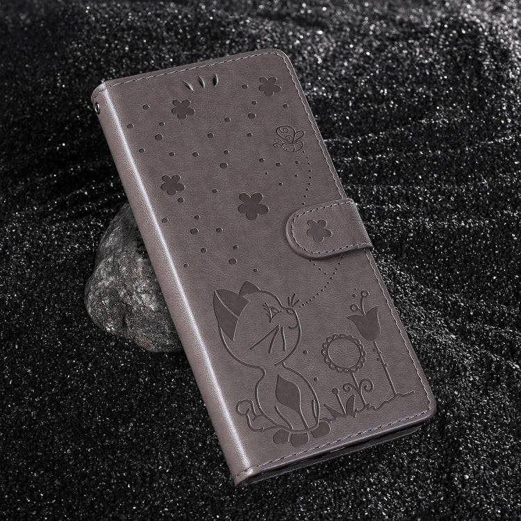 For Motorola Edge 50 Fusion Cat and Bee Embossed Flip Leather Phone Case(Grey)