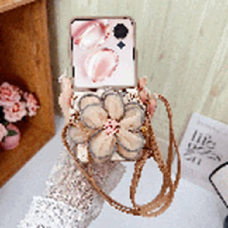 For Honor Magic V Flip Colorful Woven Pattern 3D Yarn Flower Phone Case with Lanyard(Orange)