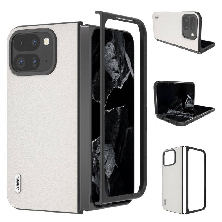 For Google Pixel 9 Pro Fold ABEEL Genuine Leather Elegant Black Edge Phone Case(White)