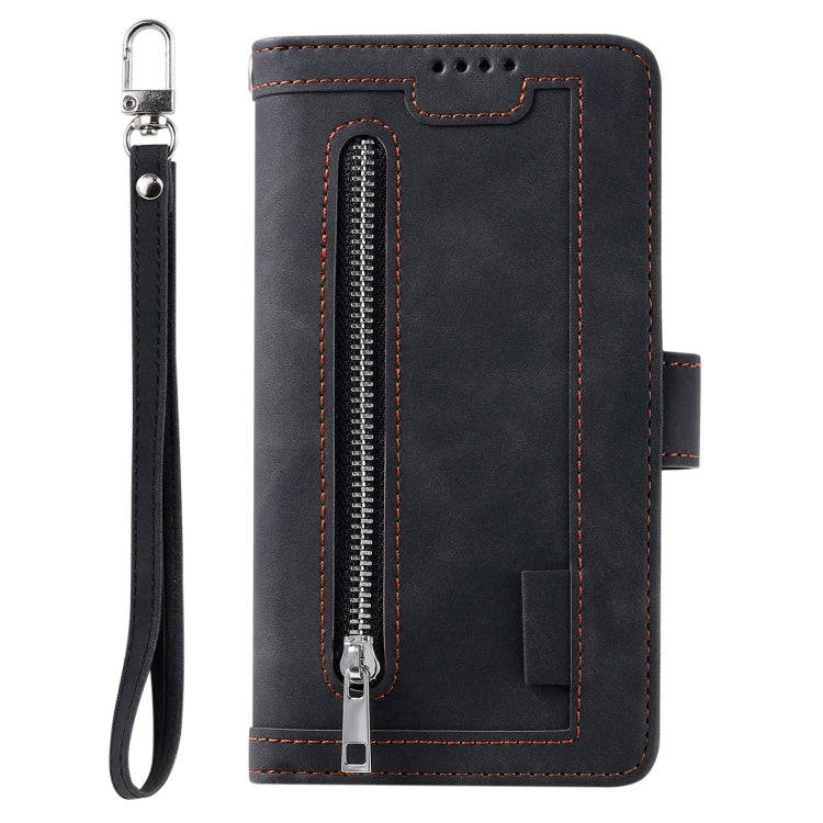 For Honor X6b 4G Global Nine Card Zipper Bag Leather Phone Case with Lanyard(Black)