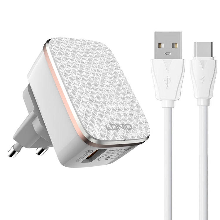 LDNIO A1204Q QC3.0 18W USB Fast Charger with 1m USB to USB-C / Type-C Cable, Plug Type:EU Plug(Wh...