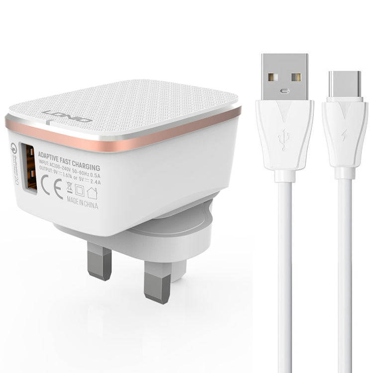 LDNIO A1204Q QC3.0 18W USB Fast Charger with 1m USB to USB-C / Type-C Cable, Plug Type:UK Plug(Wh...