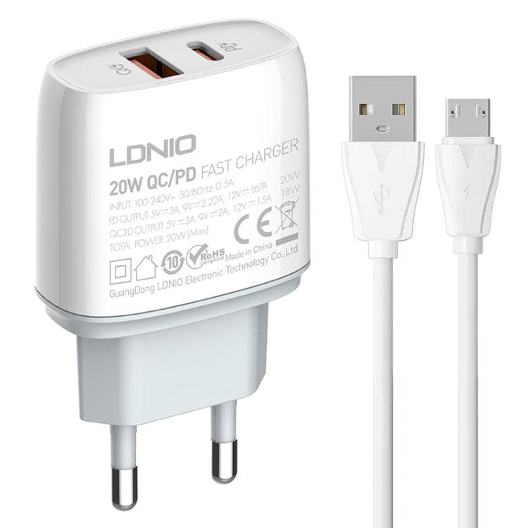 LDNIO Q229 QC3.0 / PD20W USB + Type-C Fast Charger with 1m USB to Micro USB Cable, Plug Type:EU P...