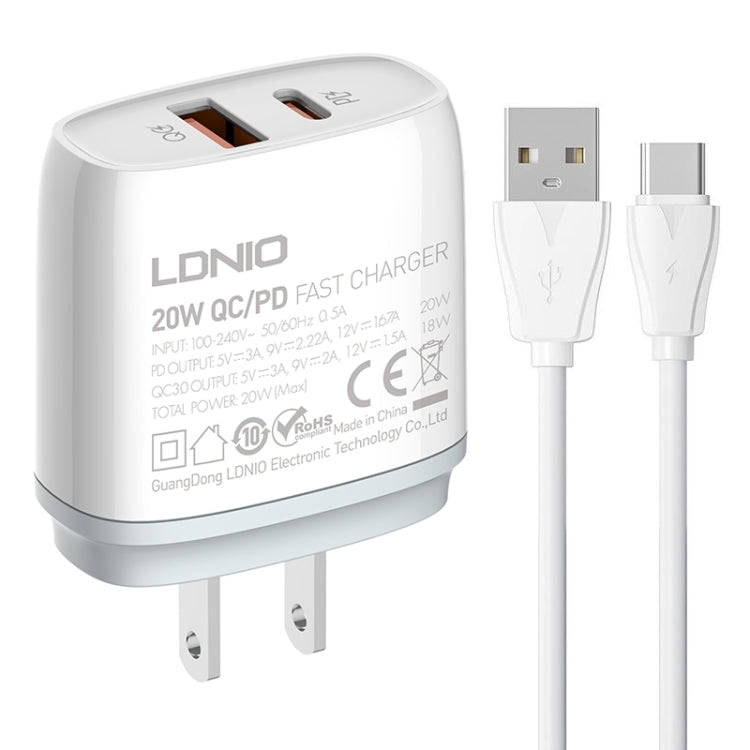 LDNIO Q229 QC3.0 / PD20W USB + Type-C Fast Charger with 1m USB to Type-C Cable, Plug Type:US Plug...