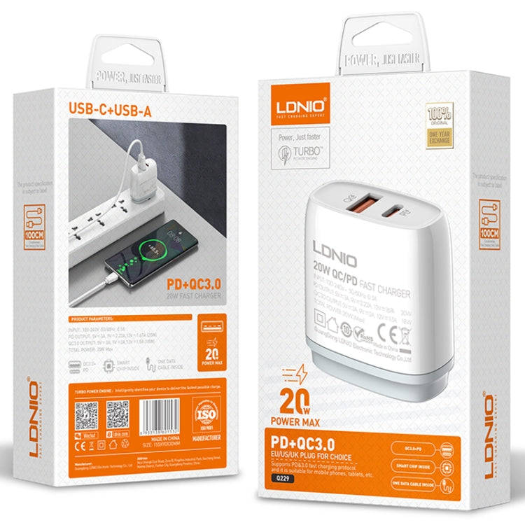 LDNIO Q229 QC3.0 / PD20W USB + Type-C Fast Charger with 1m USB to Type-C Cable, Plug Type:UK Plug...