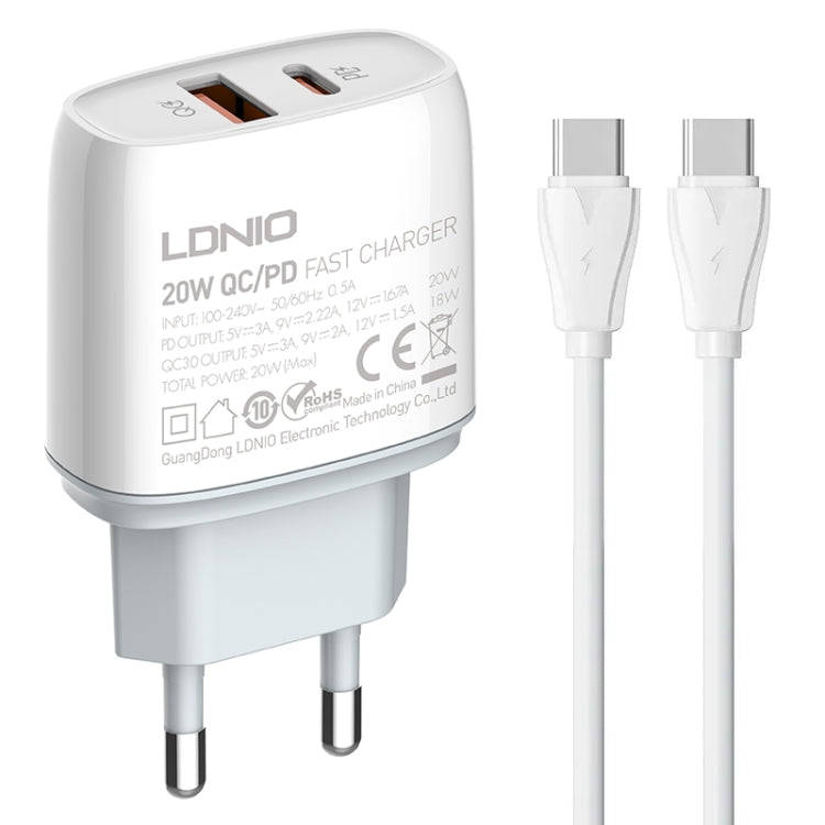 LDNIO Q229 QC3.0 / PD20W USB + Type-C Fast Charger with 1m Type-C to Type-C Cable, Plug Type:EU P...