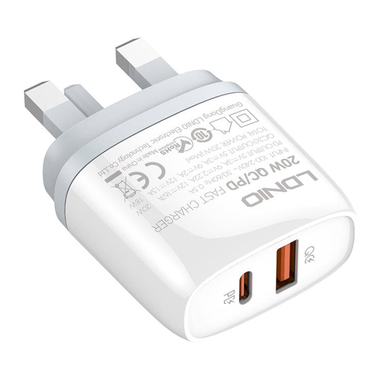 LDNIO Q229 QC3.0 / PD20W USB + Type-C Fast Charger with 1m Type-C to Type-C Cable, Plug Type:UK P...
