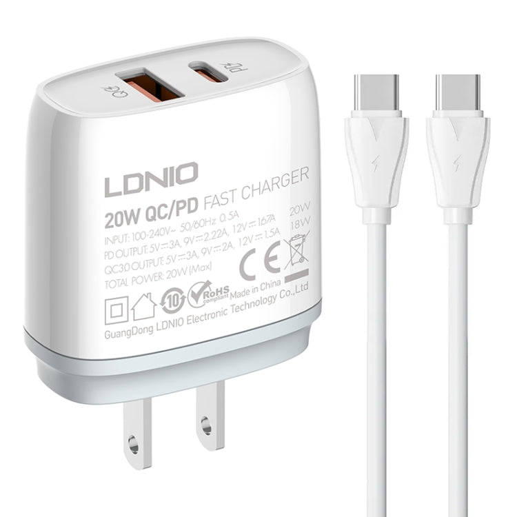 LDNIO Q229 QC3.0 / PD20W USB + Type-C Fast Charger with 1m Type-C to Type-C Cable, Plug Type:US P...
