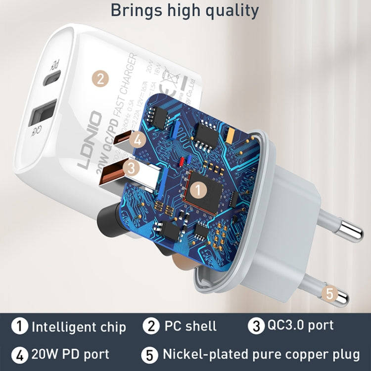LDNIO Q229 QC3.0 / PD20W USB + Type-C Fast Charger with 1m Type-C to Type-C Cable, Plug Type:EU P...