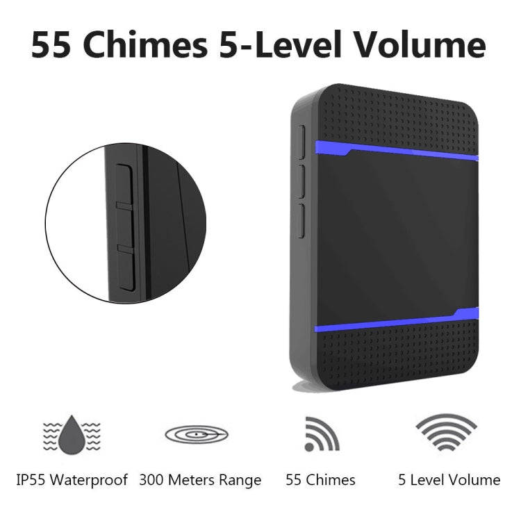 N15K-1T2-B 110dB IP55 Waterproof Wireless Doorbell, Receiver x 2 and Transmitter x 1, US Plug(Black)