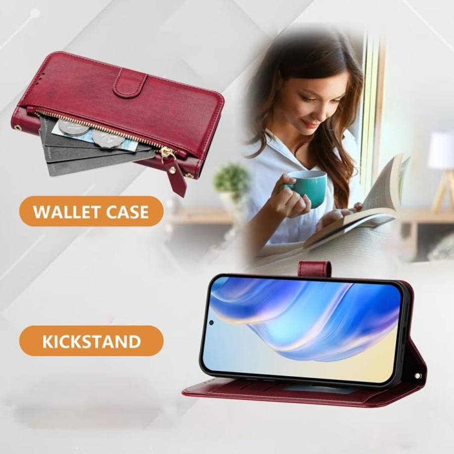 For Oukitel C59 / C59 Pro Multi-Card Slots Zipper Wallet Leather Phone Case(Dark Red)