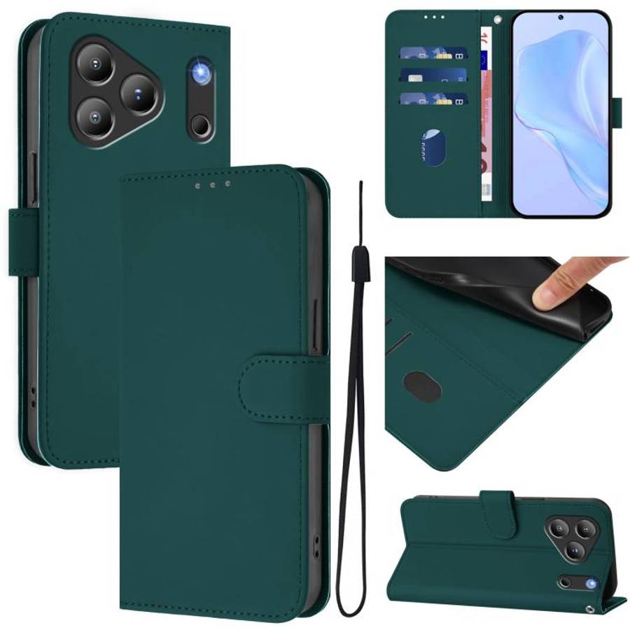 For Blackview Wave 7C Skin Feel Solid Color Leather Phone Case with Lanyard(Dark Green)