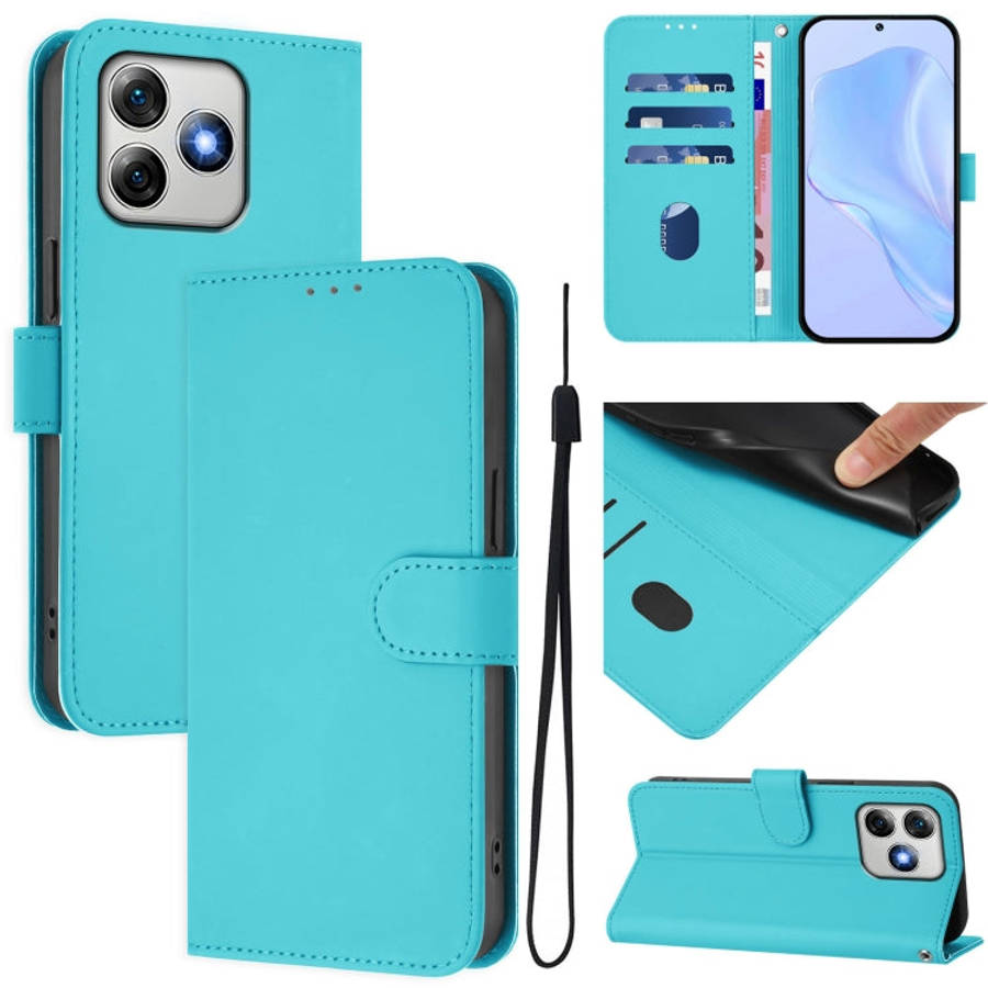 For Ulefone Note 18 Ultra Skin Feel Solid Color Leather Phone Case with Lanyard(Lake Blue)