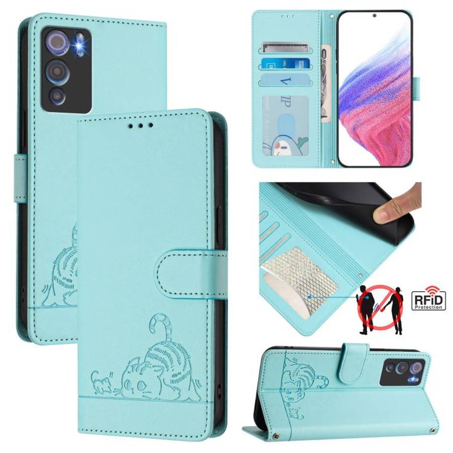 For Doogee N60 Pro Cat Rat Embossed Pattern RFID Leather Phone Case with Lanyard(Mint Green)