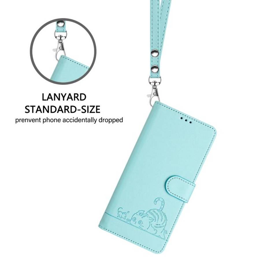 For Doogee N60 Pro Cat Rat Embossed Pattern RFID Leather Phone Case with Lanyard(Mint Green)