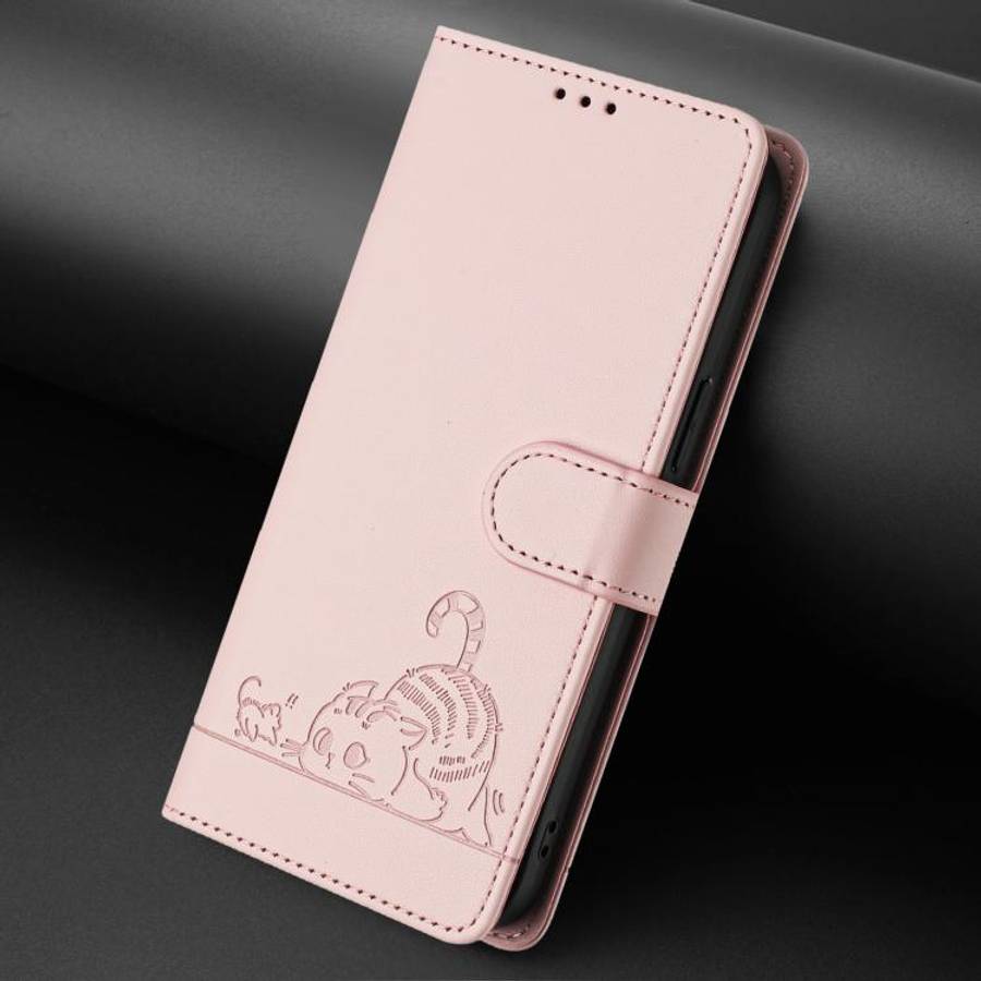 For Doogee N60 Pro Cat Rat Embossed Pattern RFID Leather Phone Case with Lanyard(Pink)