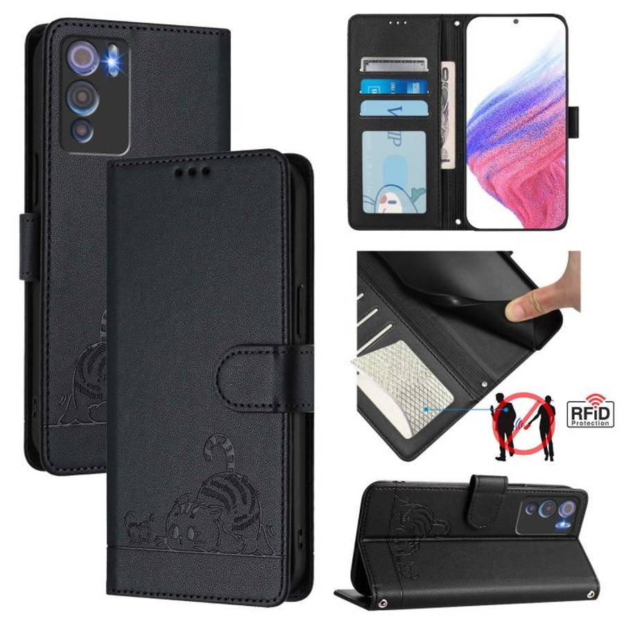 For Doogee N60 Pro Cat Rat Embossed Pattern RFID Leather Phone Case with Lanyard(Black)