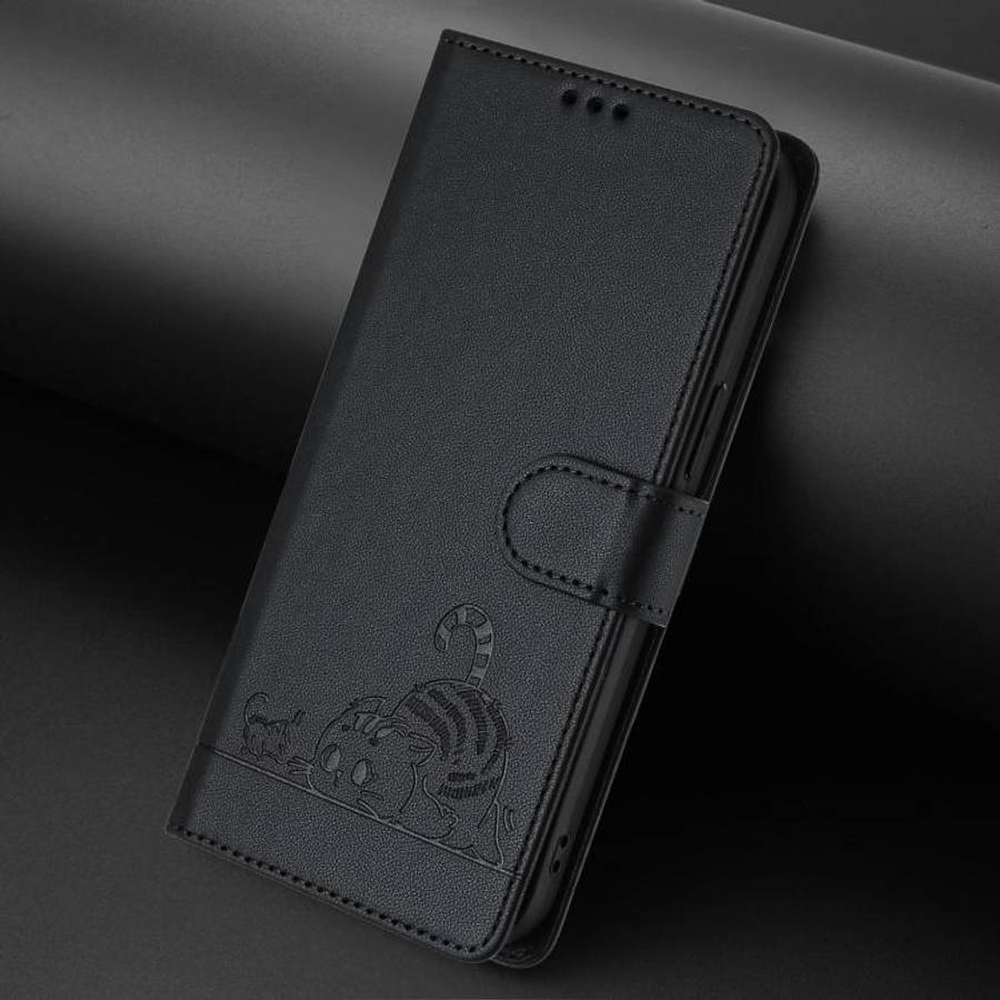 For Doogee N60 Pro Cat Rat Embossed Pattern RFID Leather Phone Case with Lanyard(Black)