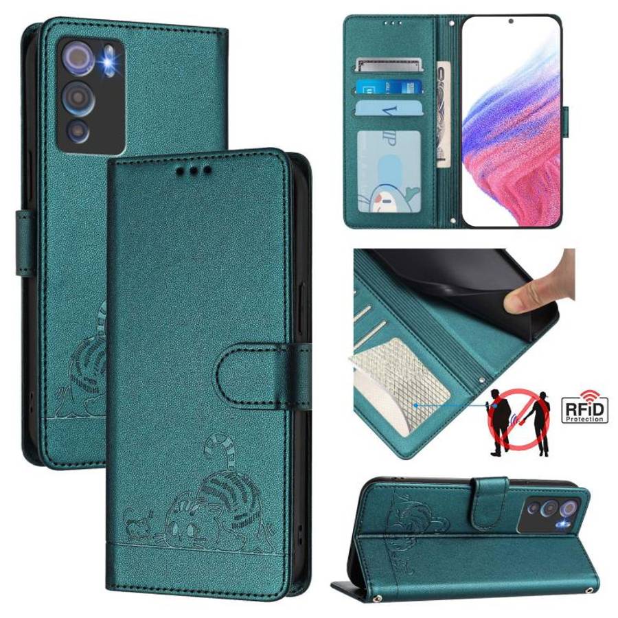 For Doogee N60 Pro Cat Rat Embossed Pattern RFID Leather Phone Case with Lanyard(Peacock Green)