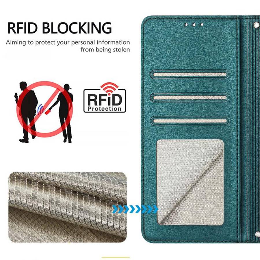 For Doogee N60 Pro Cat Rat Embossed Pattern RFID Leather Phone Case with Lanyard(Peacock Green)