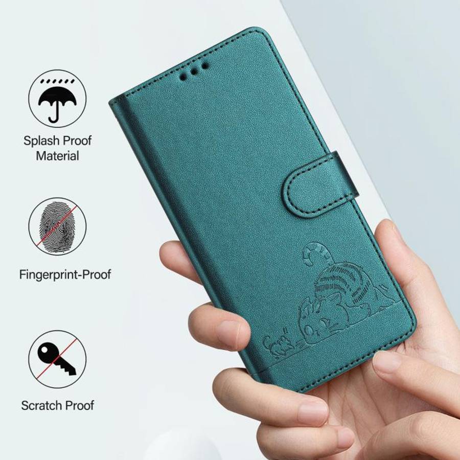 For Doogee N60 Pro Cat Rat Embossed Pattern RFID Leather Phone Case with Lanyard(Peacock Green)