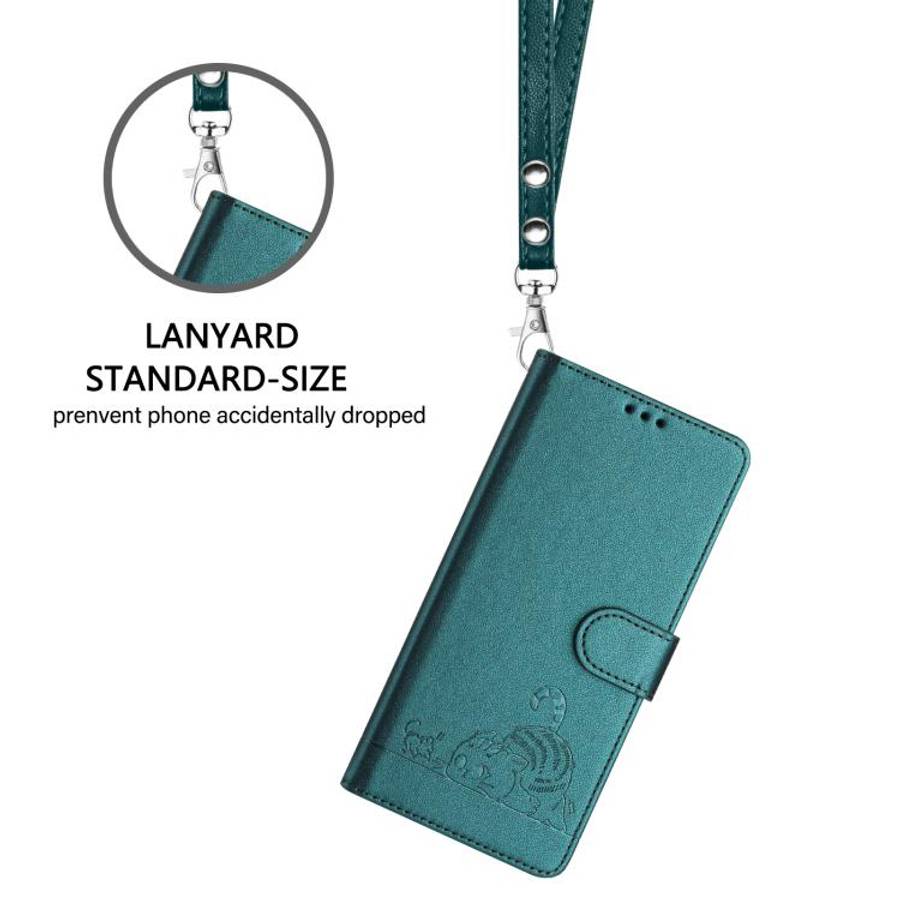 For Doogee N60 Pro Cat Rat Embossed Pattern RFID Leather Phone Case with Lanyard(Peacock Green)