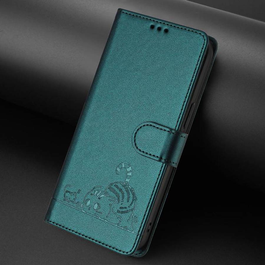 For Doogee N60 Pro Cat Rat Embossed Pattern RFID Leather Phone Case with Lanyard(Peacock Green)
