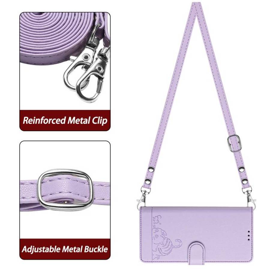 For Doogee N60 Pro Cat Rat Embossed Pattern RFID Leather Phone Case with Lanyard(Purple)