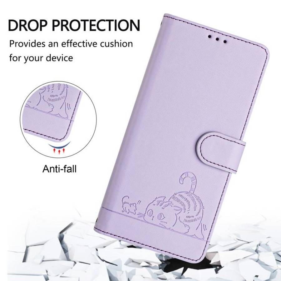 For Doogee N60 Pro Cat Rat Embossed Pattern RFID Leather Phone Case with Lanyard(Purple)