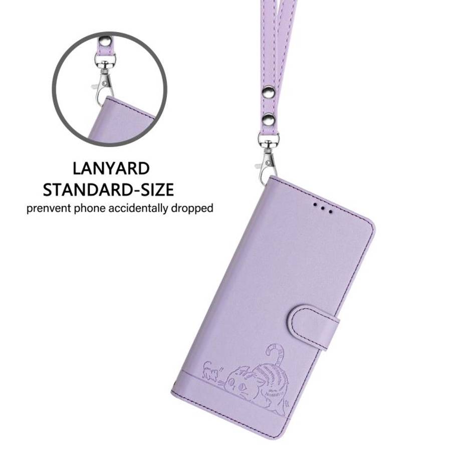 For Doogee N60 Pro Cat Rat Embossed Pattern RFID Leather Phone Case with Lanyard(Purple)