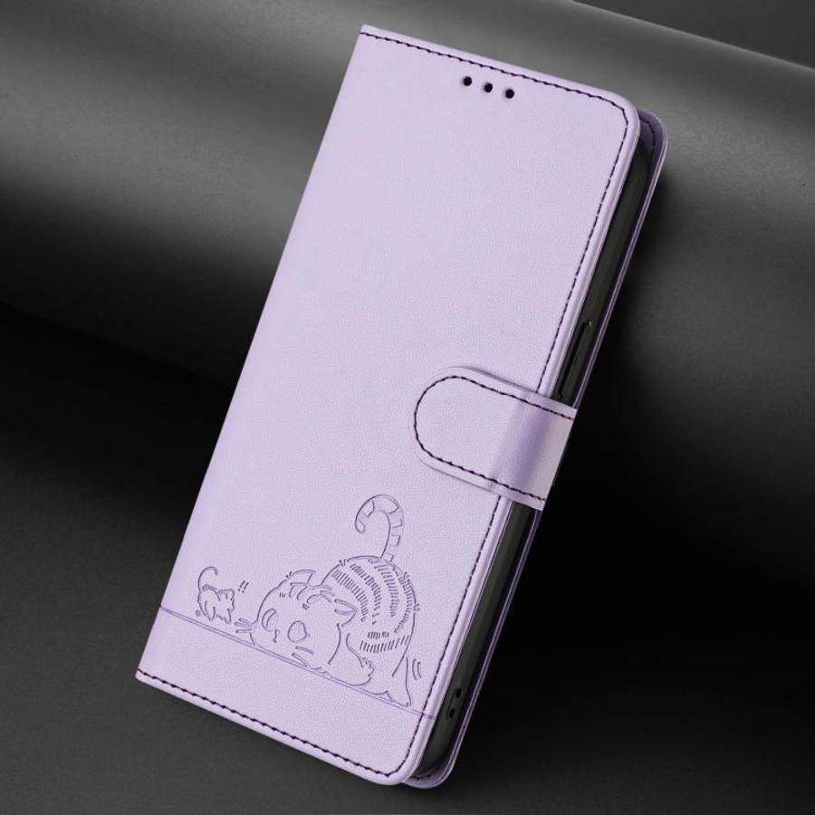 For Doogee N60 Pro Cat Rat Embossed Pattern RFID Leather Phone Case with Lanyard(Purple)