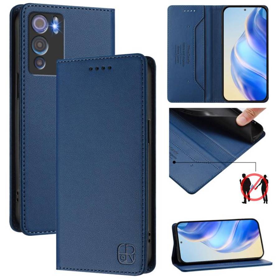 For Doogee N60 Pro RC01 Dual-Folded Magnetic Suction RFID Leather Phone Case(Dark Blue)