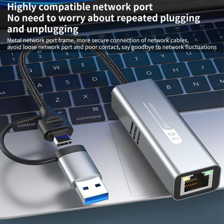 USB-C / Type-C and USB3.0 to RJ45 5G Gigabit Wired Ethernet Network Adapter(Grey)
