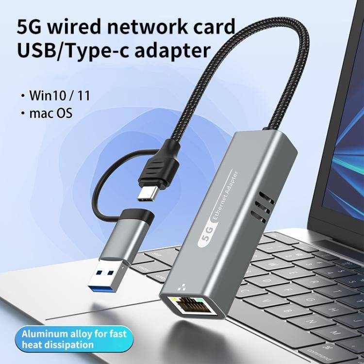 USB-C / Type-C and USB3.0 to RJ45 5G Gigabit Wired Ethernet Network Adapter(Grey)