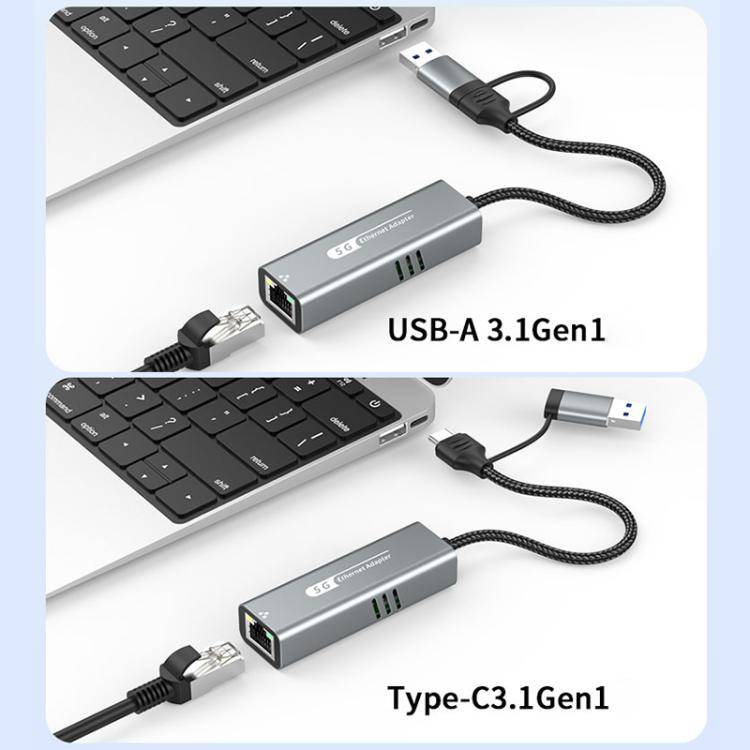 USB-C / Type-C and USB3.0 to RJ45 5G Gigabit Wired Ethernet Network Adapter(Grey)