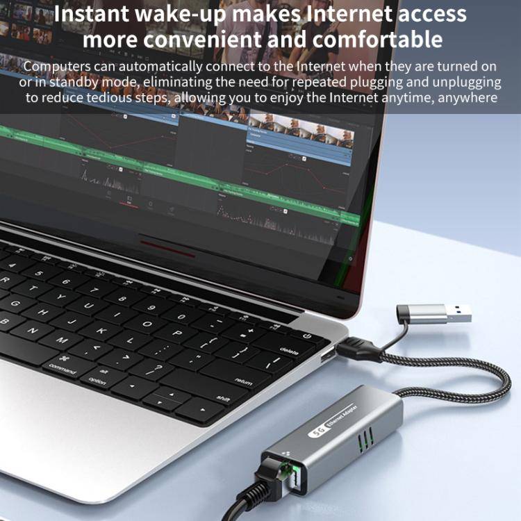 USB-C / Type-C and USB3.0 to RJ45 5G Gigabit Wired Ethernet Network Adapter(Grey)