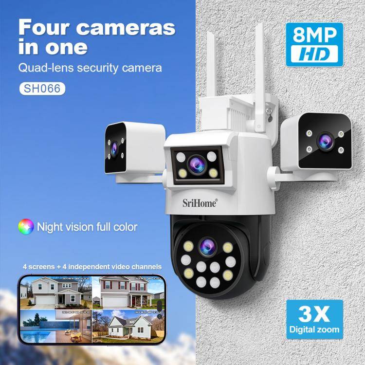 SriHome SH066 8MP HD Quad Lens Security Camera, Support Full Color Night Vision / Two-way Audio(A...