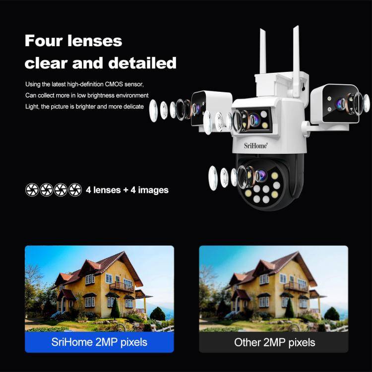 SriHome SH066 8MP HD Quad Lens Security Camera, Support Full Color Night Vision / Two-way Audio(A...