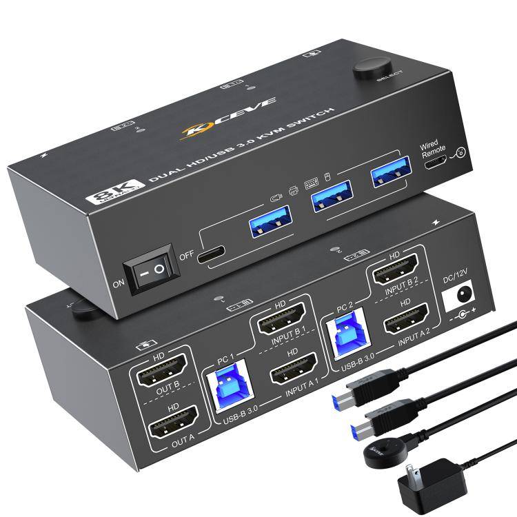 KC-KVM8202 8K 60Hz USB3.0 / HDMI 2-Port Dual Monitor KVM Switch, EU Plug