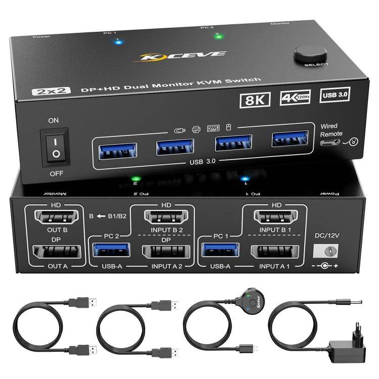 KC-KVM8202DH 8K 60Hz HDMI and DP and USB3.0 Dual Monitor KVM Switch, US Plug