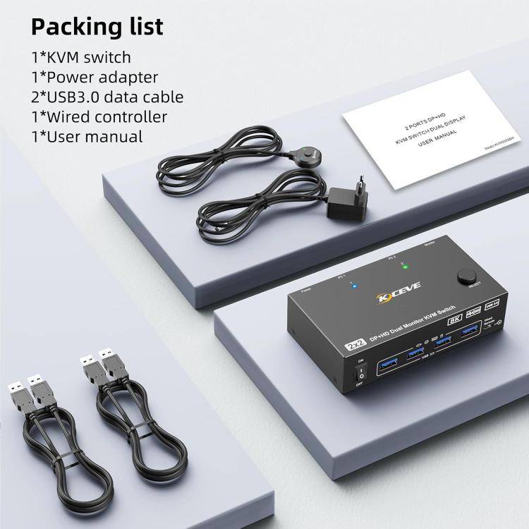 KC-KVM8202DH 8K 60Hz HDMI and DP and USB3.0 Dual Monitor KVM Switch, AU Plug