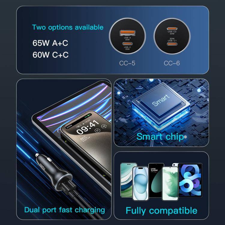 TOTU CC-5 65W USB-A and USB-C / Type-C Dual Ports Fast Charging Car Charger(Black)