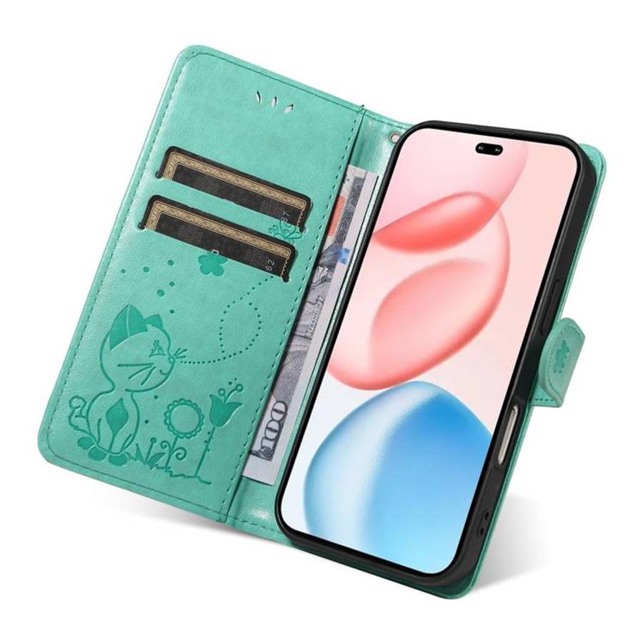 For Honor 400 Pro Global 160.8mm Cat and Bee Embossed Flip Leather Phone Case(Green)