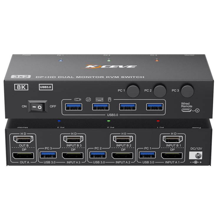 KCEVE KC-KVM302DH 8K 60Hz HDMI and DP and USB3.0 Dual Monitor KVM Switch, US Plug