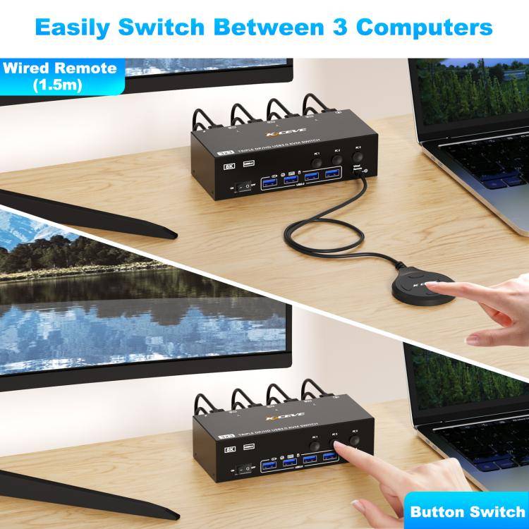KCEVE KC-KVM302DH 8K 60Hz HDMI and DP and USB3.0 Dual Monitor KVM Switch, AU Plug