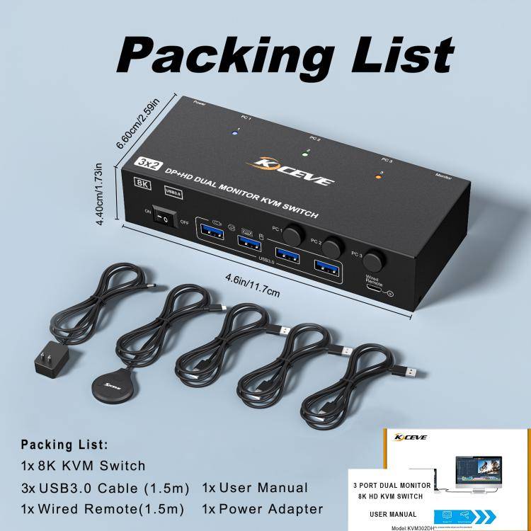 KCEVE KC-KVM302DH 8K 60Hz HDMI and DP and USB3.0 Dual Monitor KVM Switch, AU Plug
