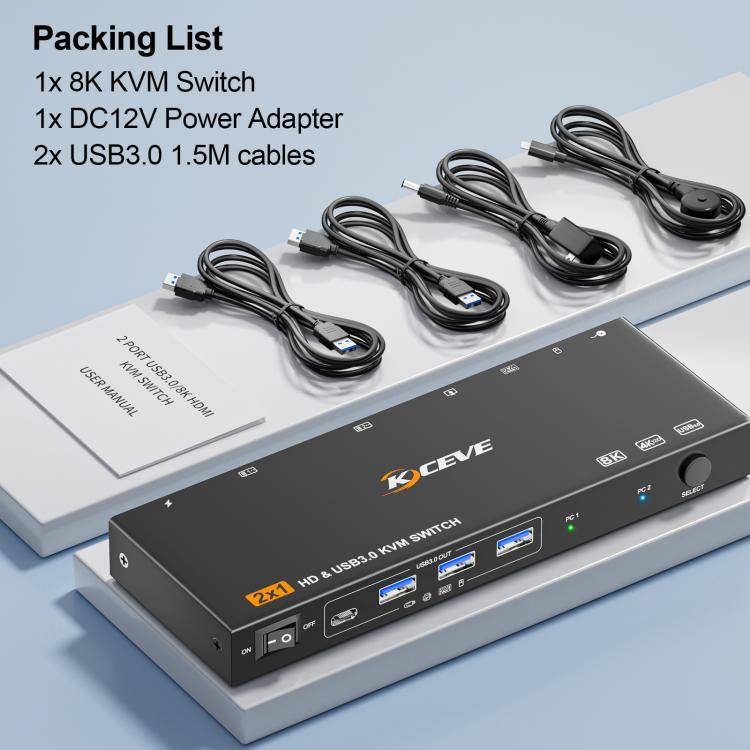 KCEVE KC-KVM9201 8K 60Hz HDMI and USB3.0 Monitor KVM Switch, AU Plug