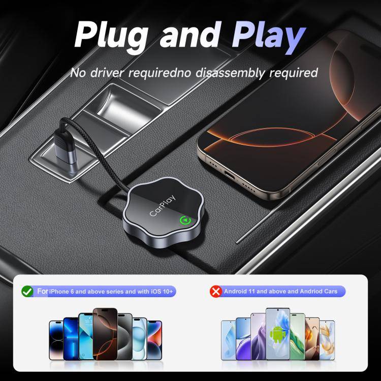 USB Wired to Wireless Car CarPlay Box Adapter, with Type-C Adapter(Black)