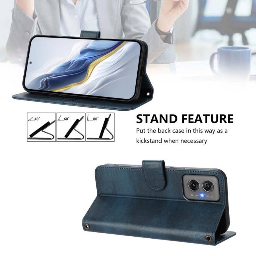 For Motorola Moto G55 5G Line Splicing Buckle Retro Leather Phone Case(Dark Blue)